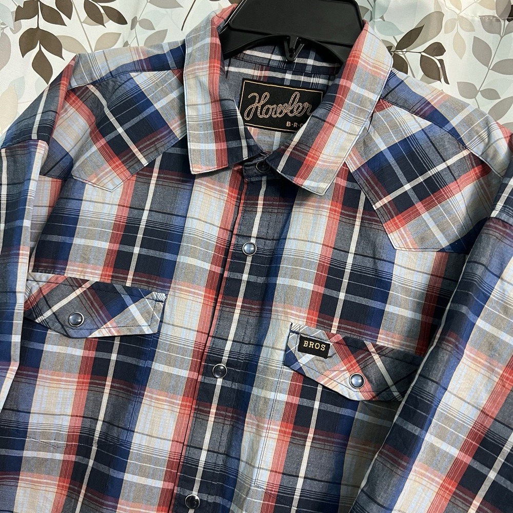 Howler Brothers Mens XL Red Blue Plaid Pearl Snap Western Short Sleeve Shirt